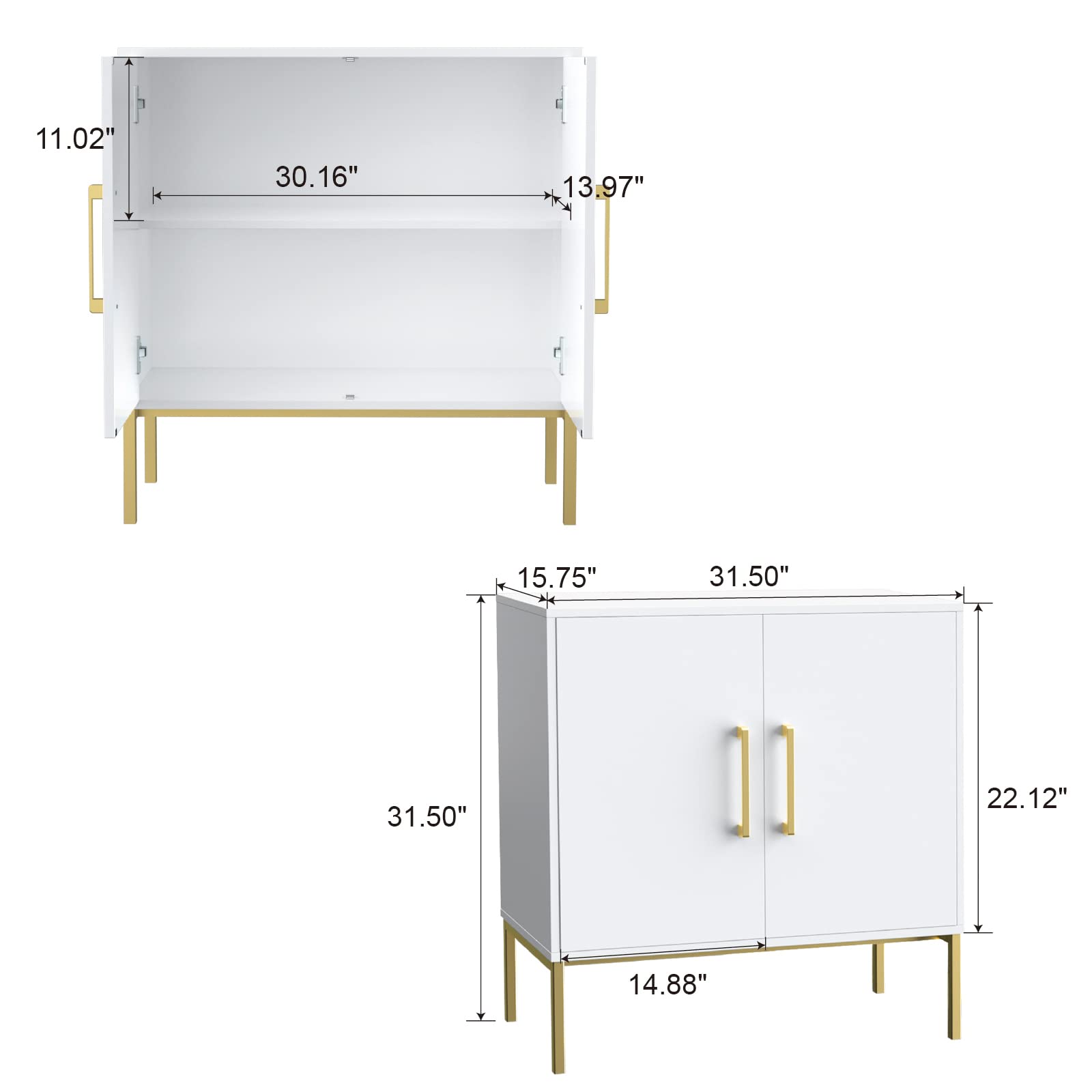 JOZZBY Buffet Sideboard Cabinet with Storage, Modern Wooden Free Standing Cabinet with Adjustable Shelves, White and Gold Cabinets for Living Room, Kitchen, Hallway