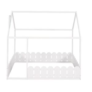 Merax Full Size House Bed Frames Platform Bed with Fence for Boys or Girls, Box Spring Needed(Slats Kit Not Included), White