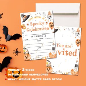 Deluxe Halloween or Costume Party Invitations, 25 Fill-in Cards with Envelopes, Pumpkin, Ghost, Monster, Cute Trick or Treat, Box or Treat for Kids Birthday or Adult party - 4"X6" (JRM347)