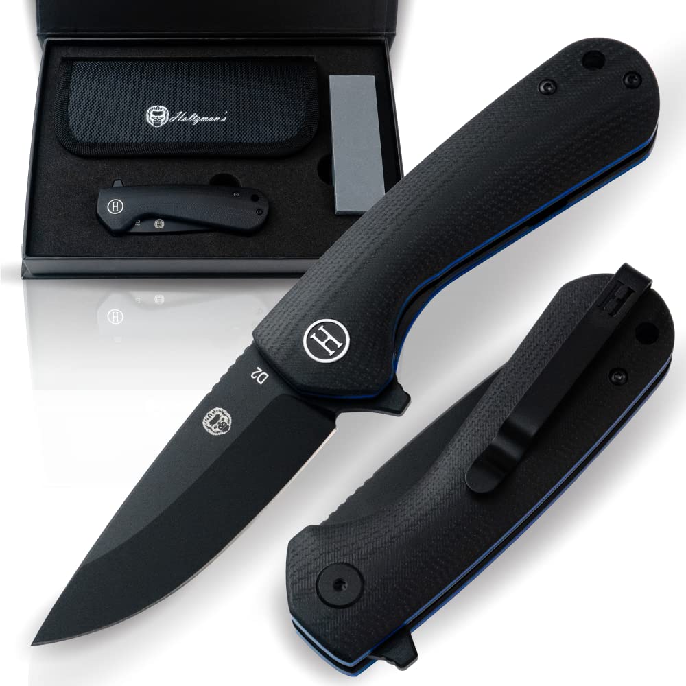 Holtzman's Gorilla Survival 'Straightback' Folding Knife featuring D2 Steel Blade and G10 Tactical Handle in Gift Box Set (Black+Blue)