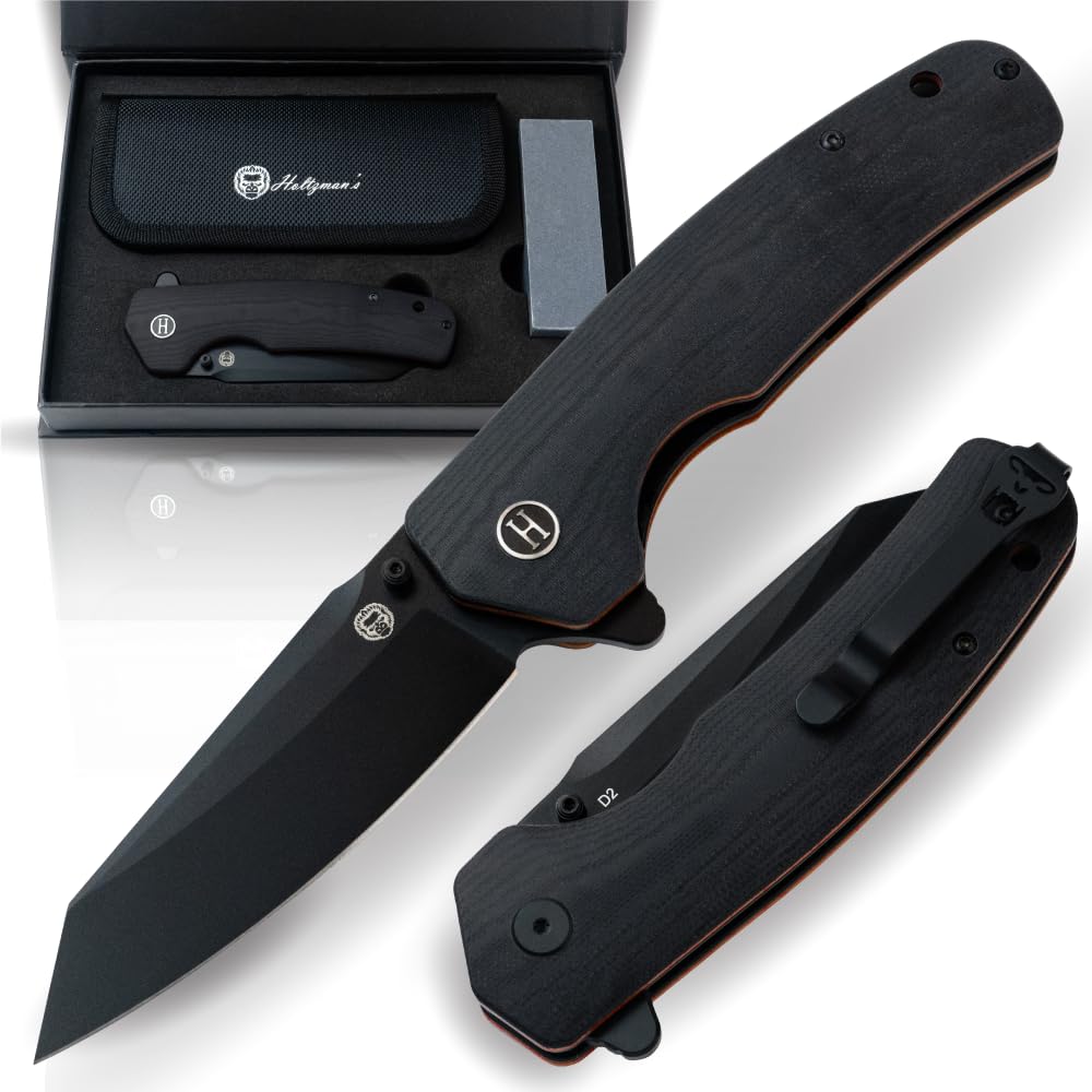 Holtzman's Gorilla Survival 'Clip Point' Folding Knife featuring D2 Steel Blade with G10 Tactical Handle in Gift Box Set (Black+Orange)