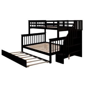 Twin Over Full Bunk Bed with Stairs and Trundle Wood Stairway Bunk Beds with Storage Shelf for Kids Boys Girls Teens, Espresso