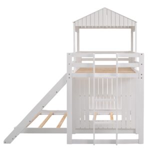 Harper & Bright Designs Twin Over Full House Bunk Bed with Slide and Roof, Wood House Bunk Bed with Ladder and Guardrails, Playhouse Bed for Kids Teens Girls Boys – White