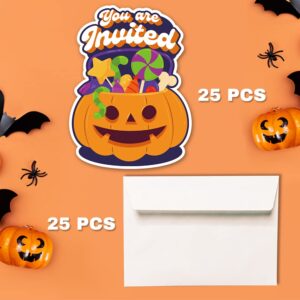 Deluxe Halloween or Costume Party Invitations, 25 Shape Fill-in Cards with Envelopes, Pumpkin, Ghost, Monster, Cute Trick or Treat, Box or Treat for Kids Birthday or Adult party - 4"X6" (JRM373)