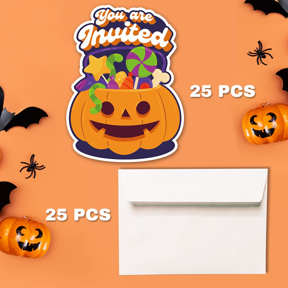 Deluxe Halloween or Costume Party Invitations, 25 Shape Fill-in Cards with Envelopes, Pumpkin, Ghost, Monster, Cute Trick or Treat, Box or Treat for Kids Birthday or Adult party - 4"X6" (JRM373)