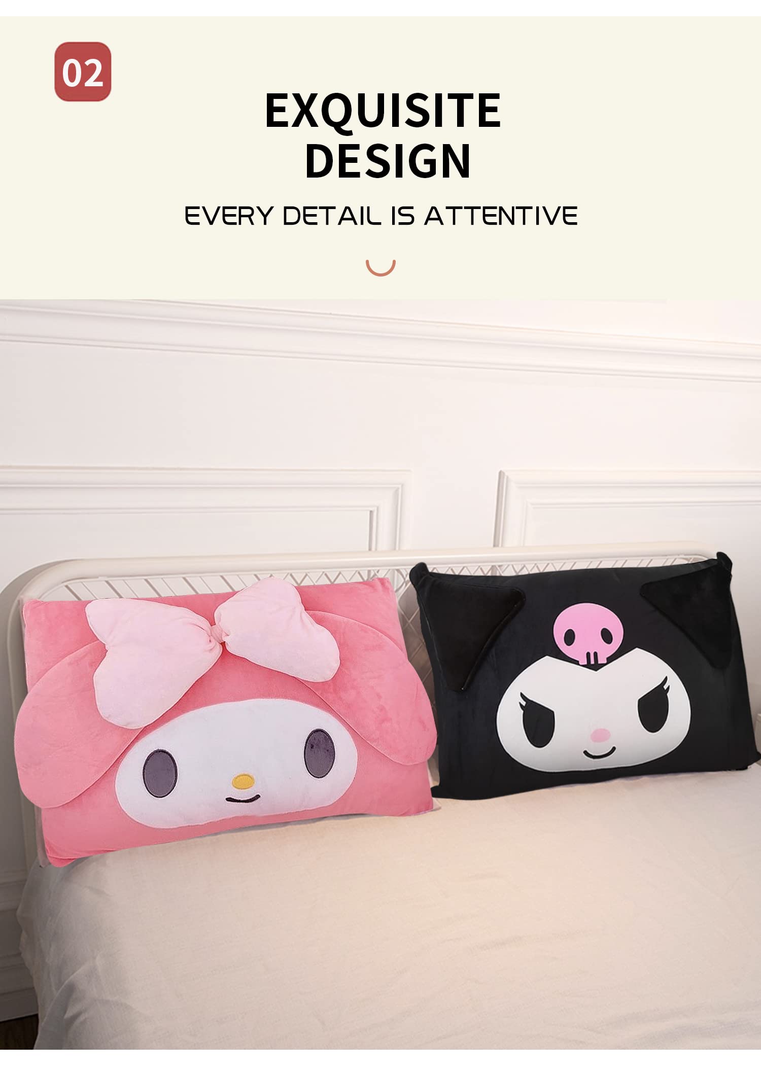 Cartoon Cute Pillowcase Anime Double Sided Plush Pillowcase Girl Bedroom Decoration Cute Cotton Pillowcase + Cute Cartoon Hairpin (Black+Pink)