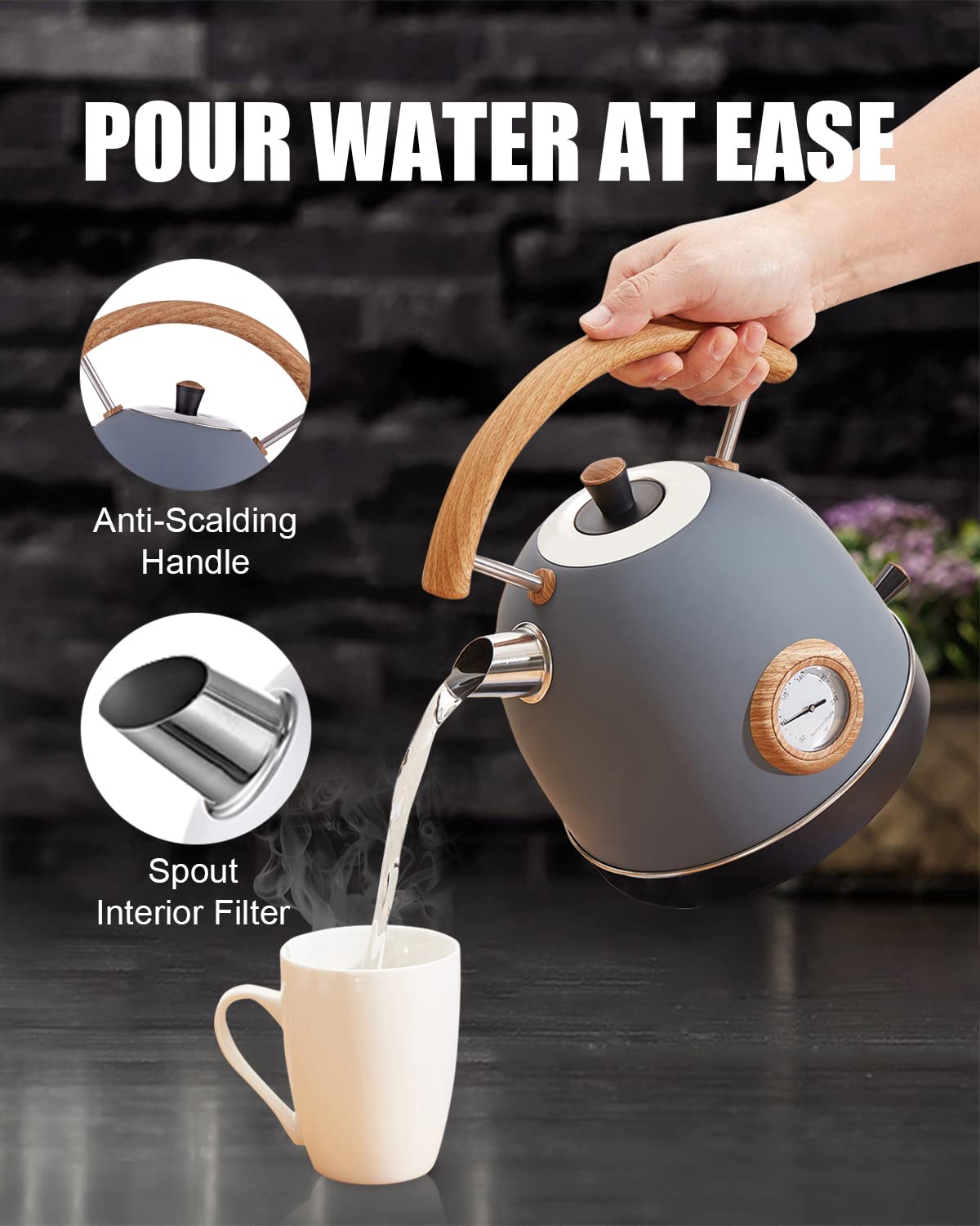 Retro Electric Kettle, 1.7L / 1500W Electric Tea Kettles for Boiling Water, Wood Pattern Handle Blue Stainless Steel Hot Water Boiler with Temperature Display, Auto Shut-off Boil-Dry Protection