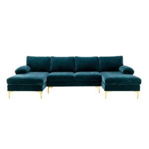 pvillez modern sectional sofa with double chaise large convertible couches chenille u-shape couch with rolled arms and golden legs oversize yellow sofa for living room comfortable modular sofa