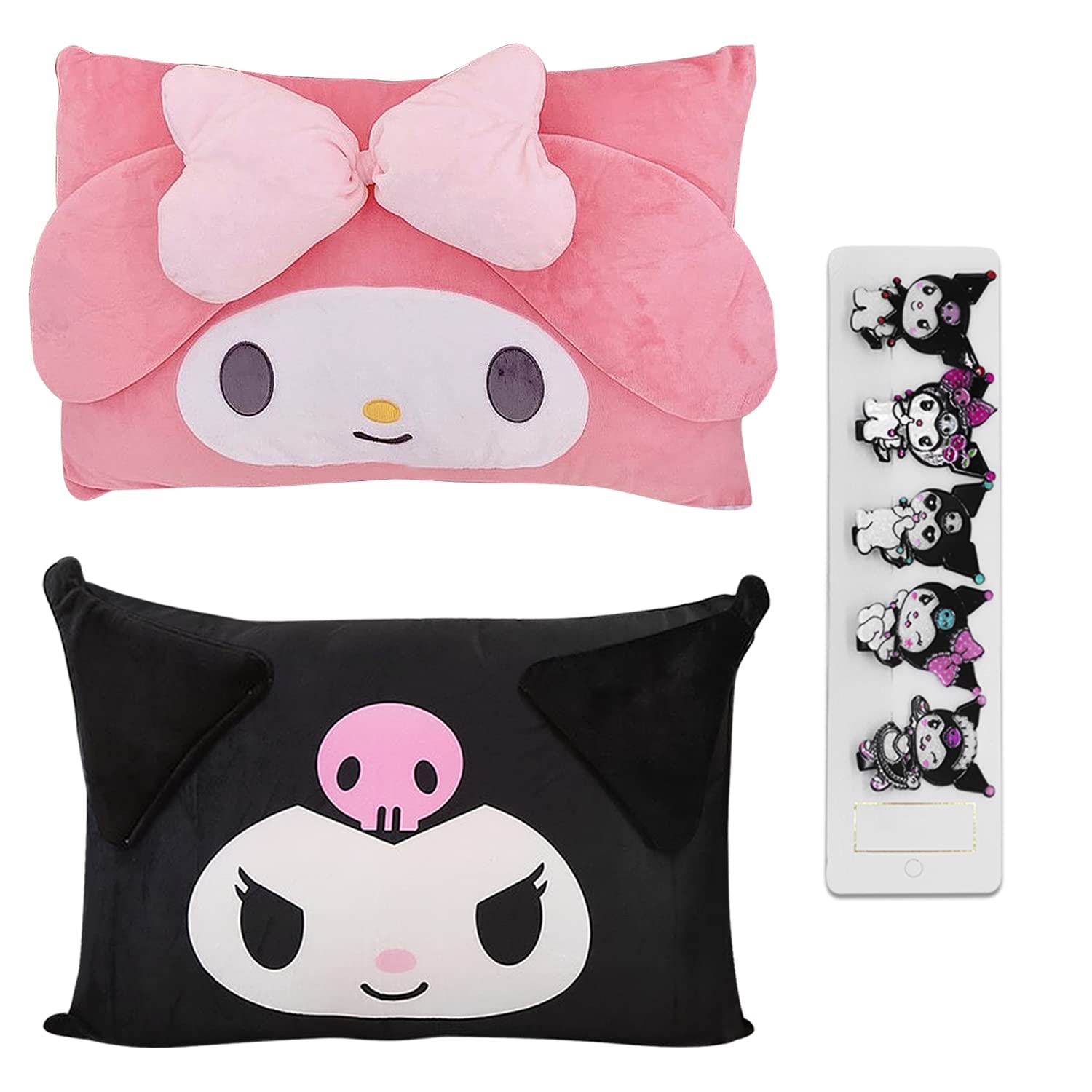 Cartoon Cute Pillowcase Anime Double Sided Plush Pillowcase Girl Bedroom Decoration Cute Cotton Pillowcase + Cute Cartoon Hairpin (Black+Pink)