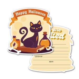 deluxe halloween or costume party invitations, 25 shape fill-in cards with envelopes, pumpkin, ghost, monster, cute trick or treat, box or treat for kids birthday or adult party - 4"x6" (jrm378)