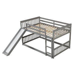 Bellemave Full Over Full Low Bunk Bed with Slide Wood Floor Bunk Beds with Ladder for Kids Boys Girls Teens, Gray