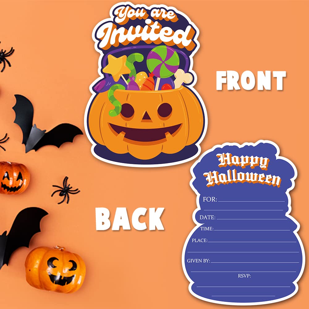 Deluxe Halloween or Costume Party Invitations, 25 Shape Fill-in Cards with Envelopes, Pumpkin, Ghost, Monster, Cute Trick or Treat, Box or Treat for Kids Birthday or Adult party - 4"X6" (JRM373)