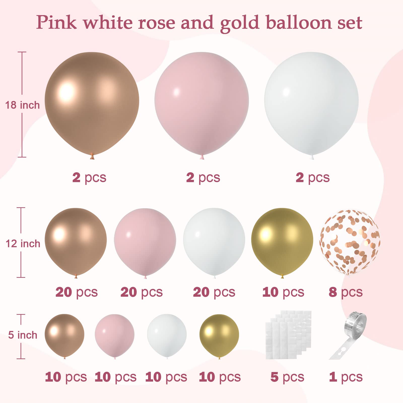 ZFUNBO Rose Gold Balloon Garland Arch Kit, 124pcs Rose Gold Birthday Decorations for Girl with Rose Gold Metallic Pink White Balloons Garland for Bridal Shower Birthday Party Decorations