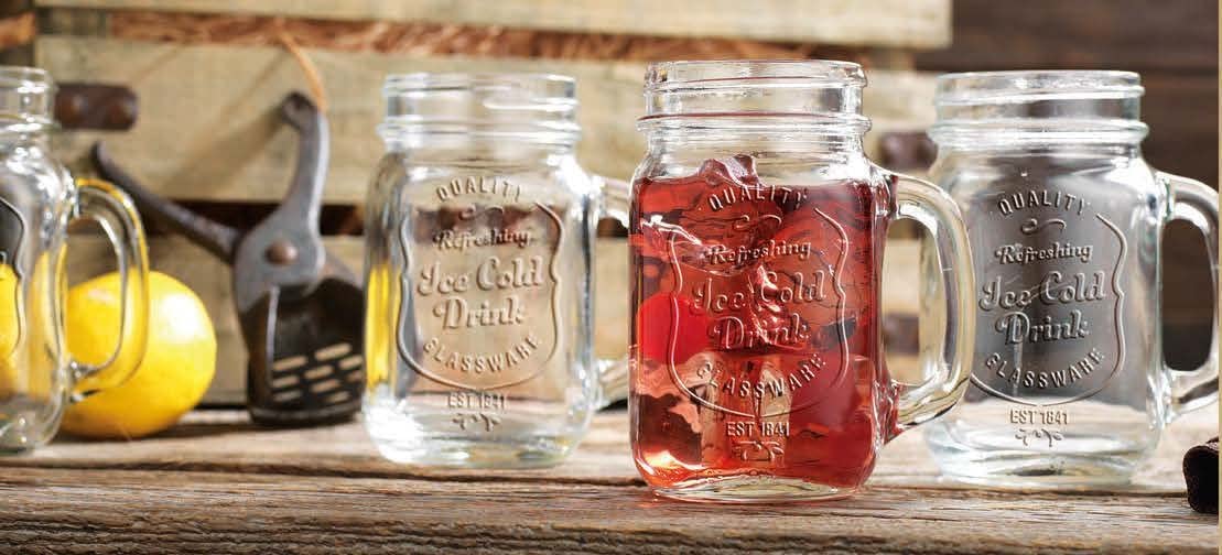 Glaver's Mason Drinking Jars – Set of 4, 16 Oz Clear Glass Jars – With Convenient Handle and Ice-Cold Embossed Logo – Ideal for Hot and Sunny Days – Perfect Glass Cups for Cold Drinks