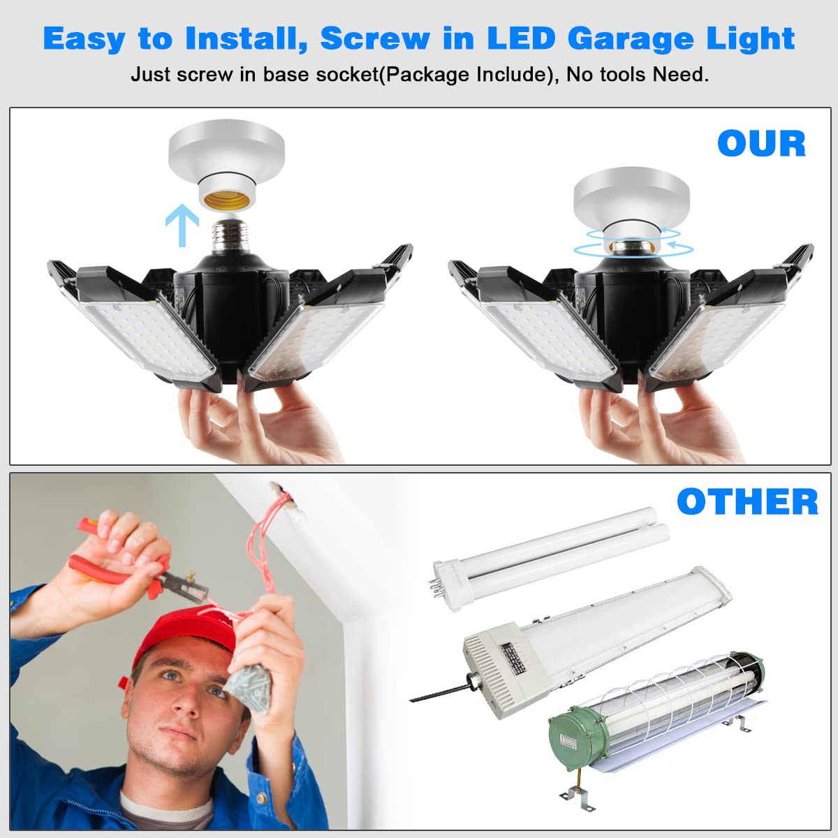 POLARPRA LED Garage Lights - 2 Pack Super Bright 32000LM LED Garage Ceiling Light 6500K LED Shop Light w/ 6 Deformable Panels Screw in E26/E27 Socket LED Bulbs for Workshop Storage Warehouse Attic