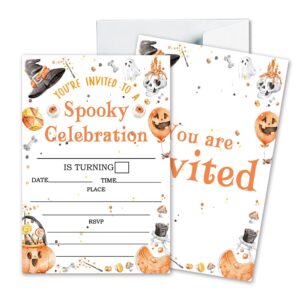 deluxe halloween or costume party invitations, 25 fill-in cards with envelopes, pumpkin, ghost, monster, cute trick or treat, box or treat for kids birthday or adult party - 4"x6" (jrm347)