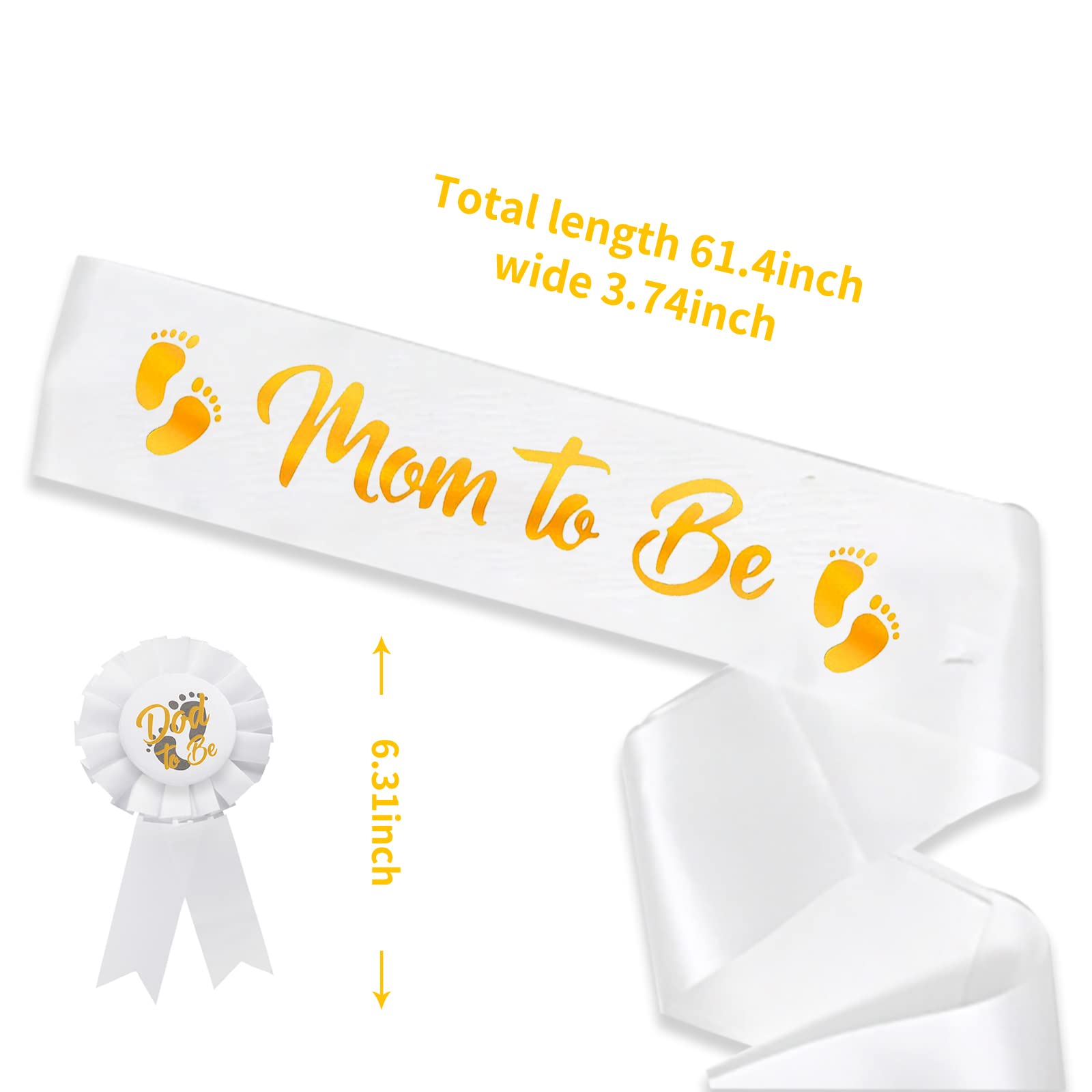 Vukasi 2Packs Baby Shower Sash Decorations Mom to Be Dad to Be Tinplate Badge with Gold Pattern for Girl Boy Gender Baby Welcome Party White（61.4 x 3.47 inch