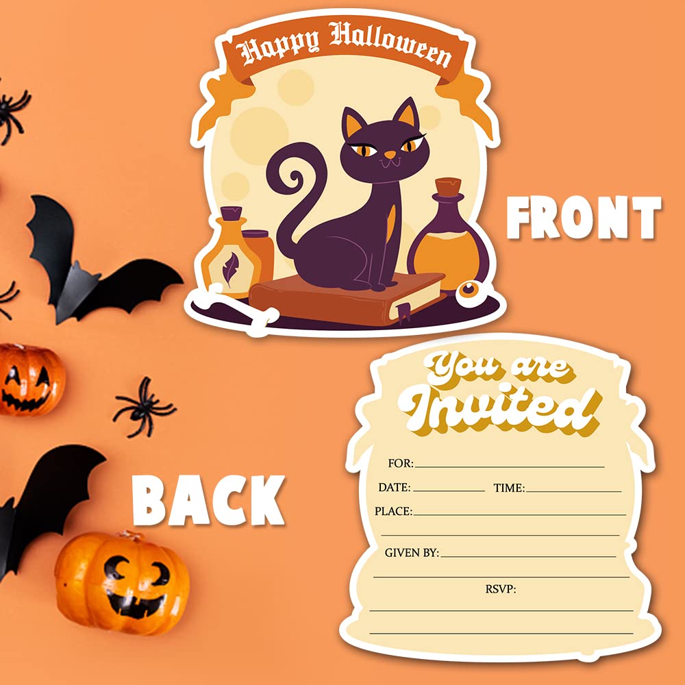 Deluxe Halloween or Costume Party Invitations, 25 Shape Fill-in Cards with Envelopes, Pumpkin, Ghost, Monster, Cute Trick or Treat, Box or Treat for Kids Birthday or Adult party - 4"X6" (JRM378)