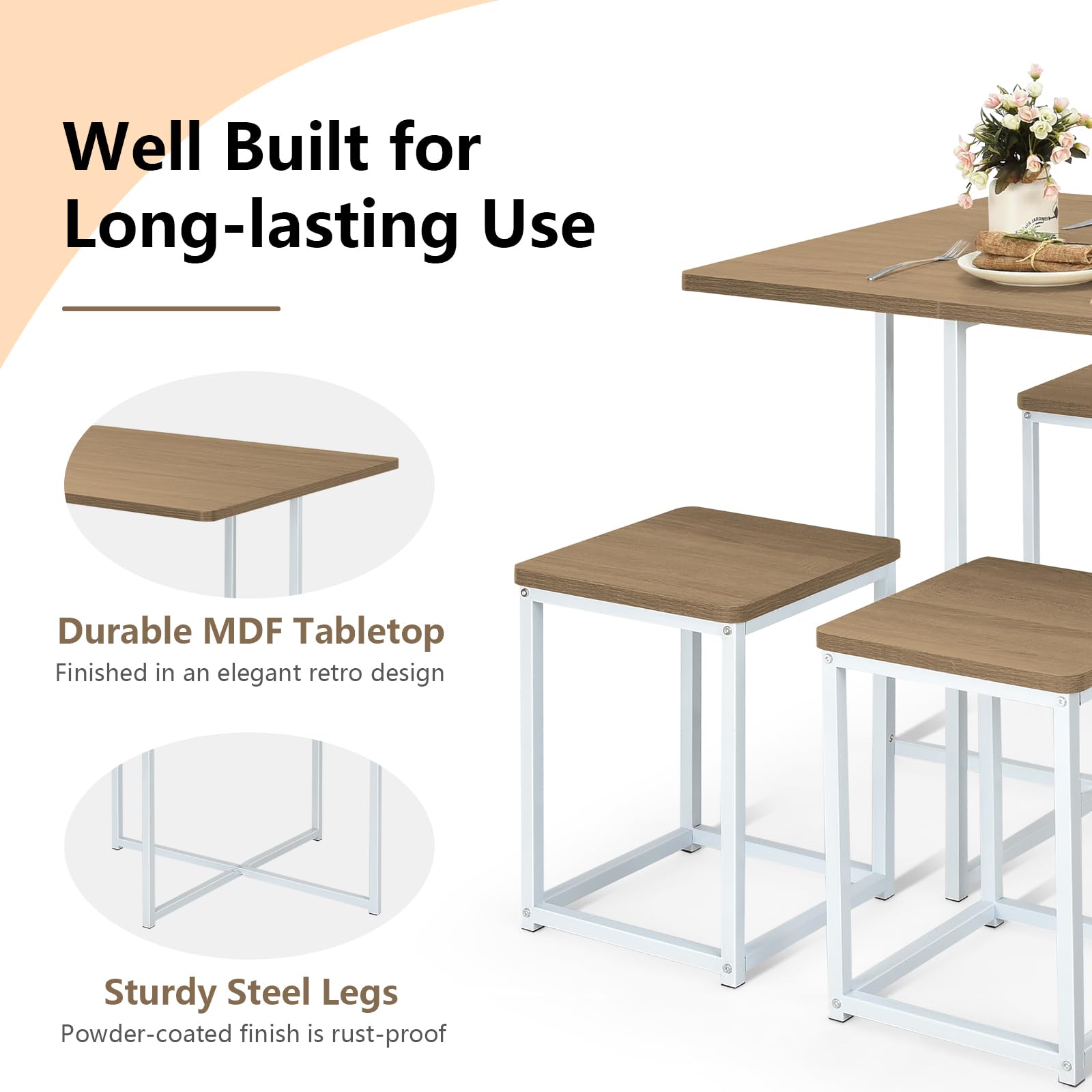 COSTWAY 5 Piece Dining Table Set, Counter Kitchen Table and Chair Set for 4 Includes 1 Square Table and 4 Stools, Space-Saving Pub Dining Set for Living Room, Breakfast Nook, Coffee Shop (Natural)