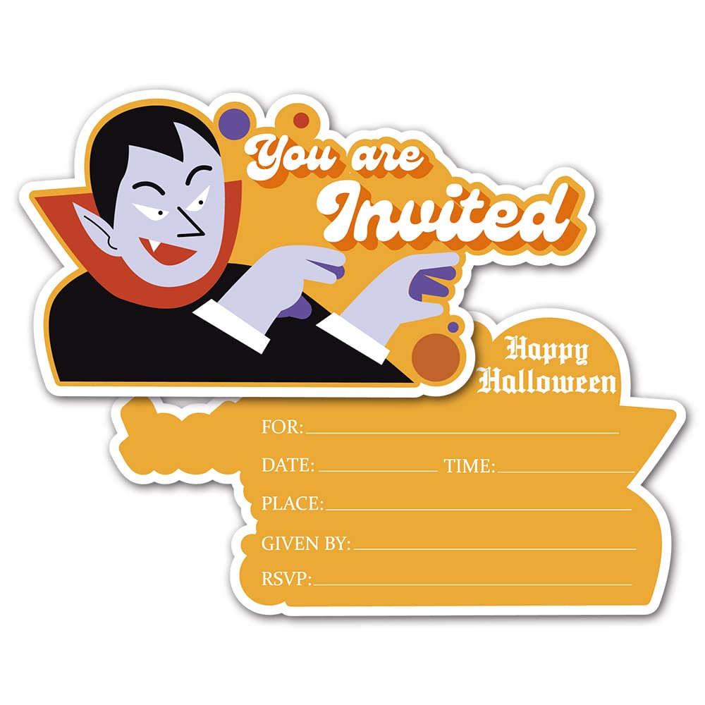 Deluxe Halloween or Costume Party Invitations, 25 Shape Fill-in Cards with Envelopes, Pumpkin, Ghost, Monster, Cute Trick or Treat, Box or Treat for Kids Birthday or Adult party - 4"X6" (JRM376)