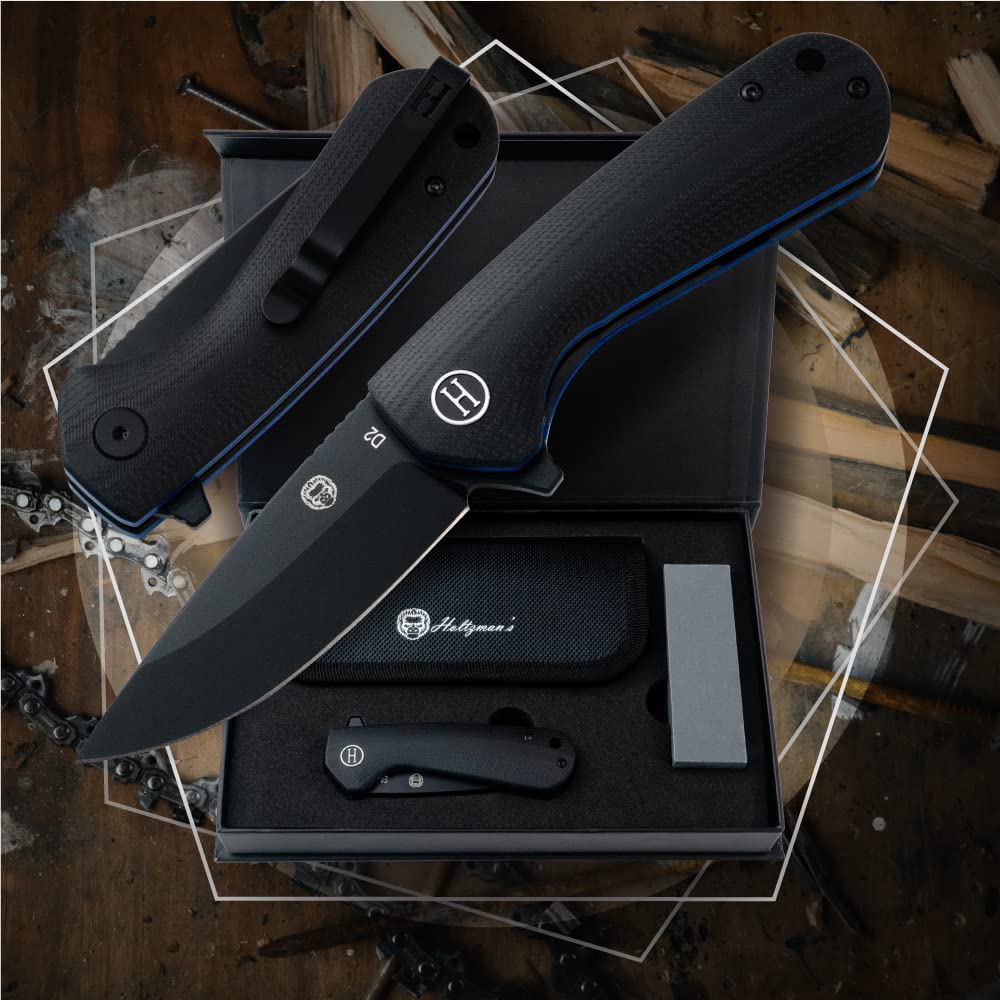 Holtzman's Gorilla Survival 'Straightback' Folding Knife featuring D2 Steel Blade and G10 Tactical Handle in Gift Box Set (Black+Blue)