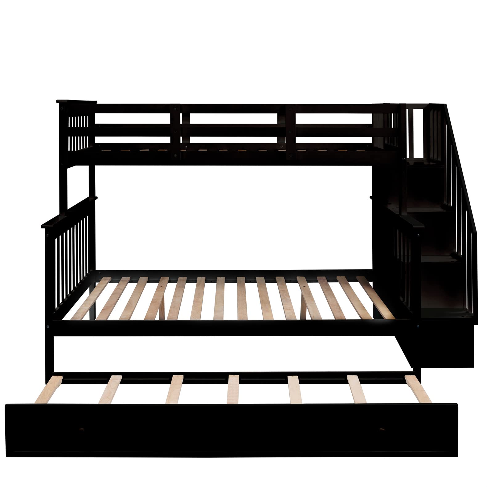 Twin Over Full Bunk Bed with Stairs and Trundle Wood Stairway Bunk Beds with Storage Shelf for Kids Boys Girls Teens, Espresso