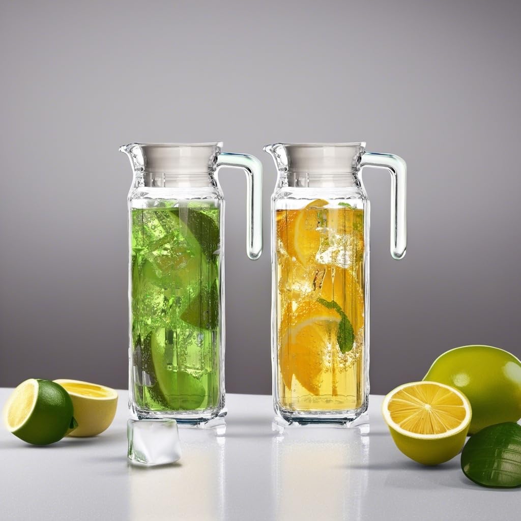 Glass Pitcher with Lid – Set of 2 34Oz Glass Water Pitcher – Cold Water Carafe For Ice Tea, Lemonade, Coffee – Elegant and Modern – Practical Spout Pitchers for Drinks