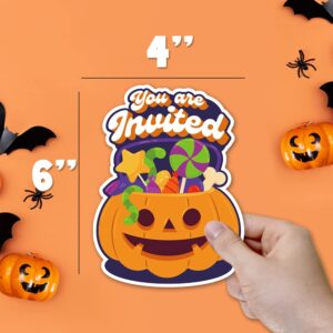 Deluxe Halloween or Costume Party Invitations, 25 Shape Fill-in Cards with Envelopes, Pumpkin, Ghost, Monster, Cute Trick or Treat, Box or Treat for Kids Birthday or Adult party - 4"X6" (JRM373)