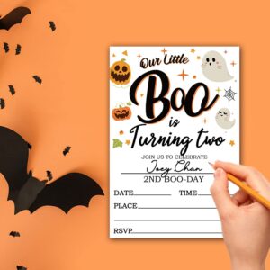 Deluxe Halloween or Costume Party Invitations, 25 Fill-in Cards with Envelopes, Pumpkin, Ghost, Monster, Cute Trick or Treat, Box or Treat for Kids Birthday or Adult party - 4"X6" (JRM352)