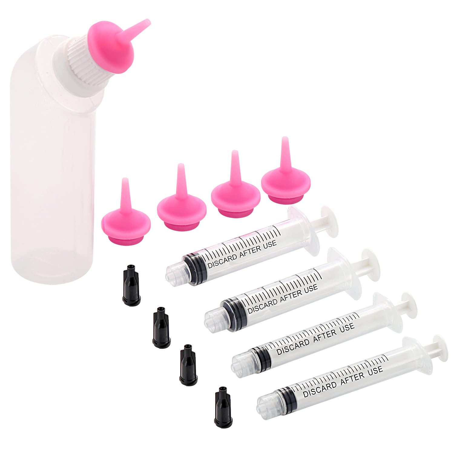 Gufastoe Pet Feeding Silicone Nipple with Curved Bottle and Syringes for Puppy Dog Cat or Other Pets (Pink)