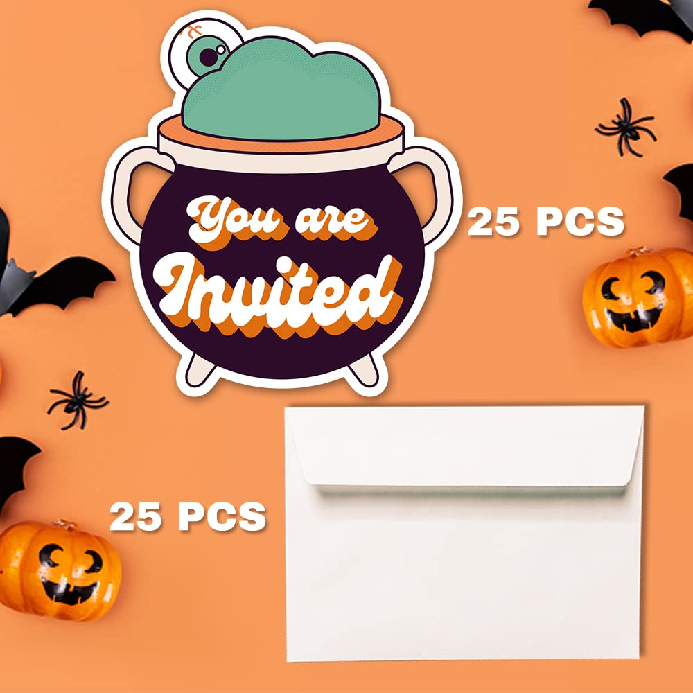 Deluxe Halloween or Costume Party Invitations, 25 Shape Fill-in Cards with Envelopes, Pumpkin, Ghost, Monster, Cute Trick or Treat, Box or Treat for Kids Birthday or Adult party - 4"X6" (JRM369)