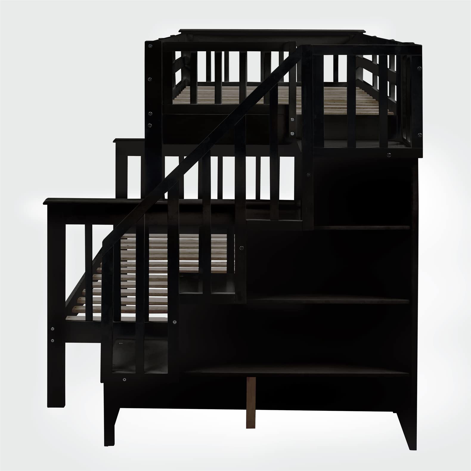 Twin Over Full Bunk Bed with Stairs and Trundle Wood Stairway Bunk Beds with Storage Shelf for Kids Boys Girls Teens, Espresso