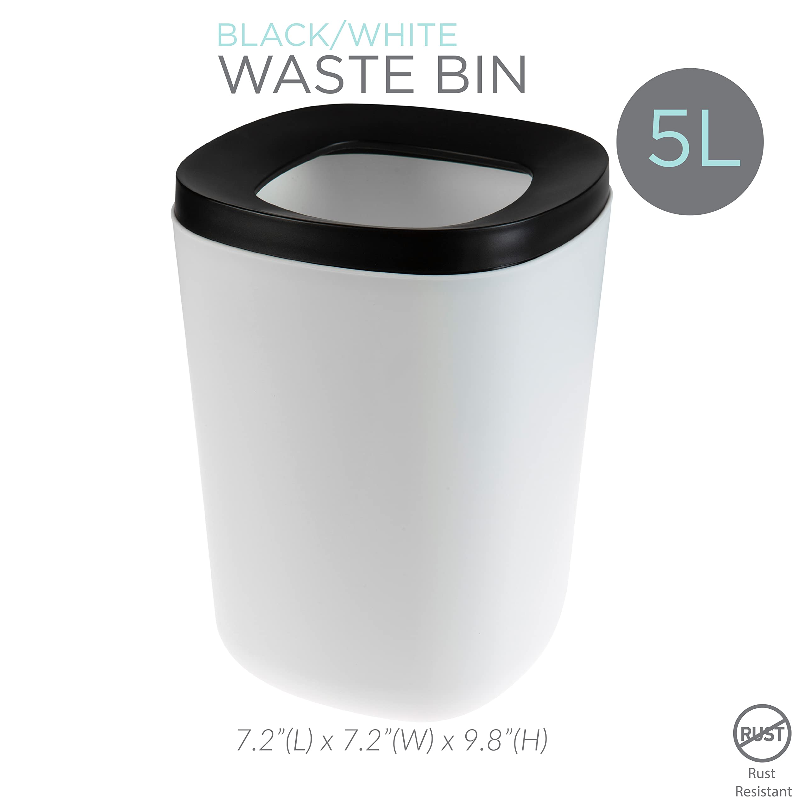 Bath Bliss 2 Piece Trash Can | Small Plastic | Space Saving | Removable Lid | Sleek | Great for Dorm | Office | Kitchen | Black & White | 2 Tone Waste Bin | 2 Pack