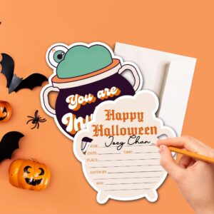 Deluxe Halloween or Costume Party Invitations, 25 Shape Fill-in Cards with Envelopes, Pumpkin, Ghost, Monster, Cute Trick or Treat, Box or Treat for Kids Birthday or Adult party - 4"X6" (JRM369)