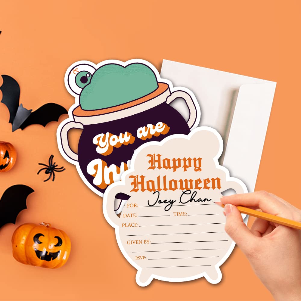 Deluxe Halloween or Costume Party Invitations, 25 Shape Fill-in Cards with Envelopes, Pumpkin, Ghost, Monster, Cute Trick or Treat, Box or Treat for Kids Birthday or Adult party - 4"X6" (JRM369)