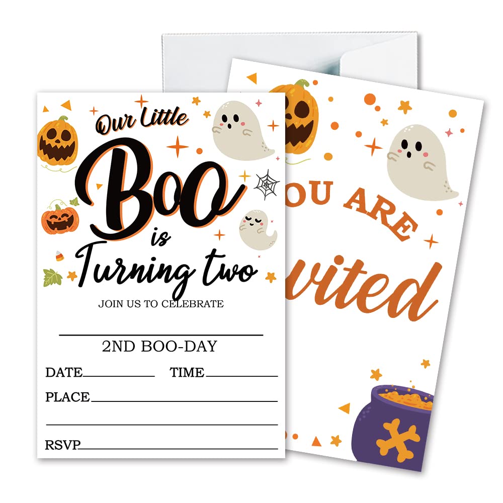 Deluxe Halloween or Costume Party Invitations, 25 Fill-in Cards with Envelopes, Pumpkin, Ghost, Monster, Cute Trick or Treat, Box or Treat for Kids Birthday or Adult party - 4"X6" (JRM352)