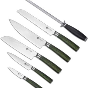 HexClad 7 Piece Knife Set - 6 Piece Damascus Essential Knife Set & Magnetic Knife Block, Comes with Chef's, Santoku, Bread, Utility and Pairing Knife and Walnut Knife Block