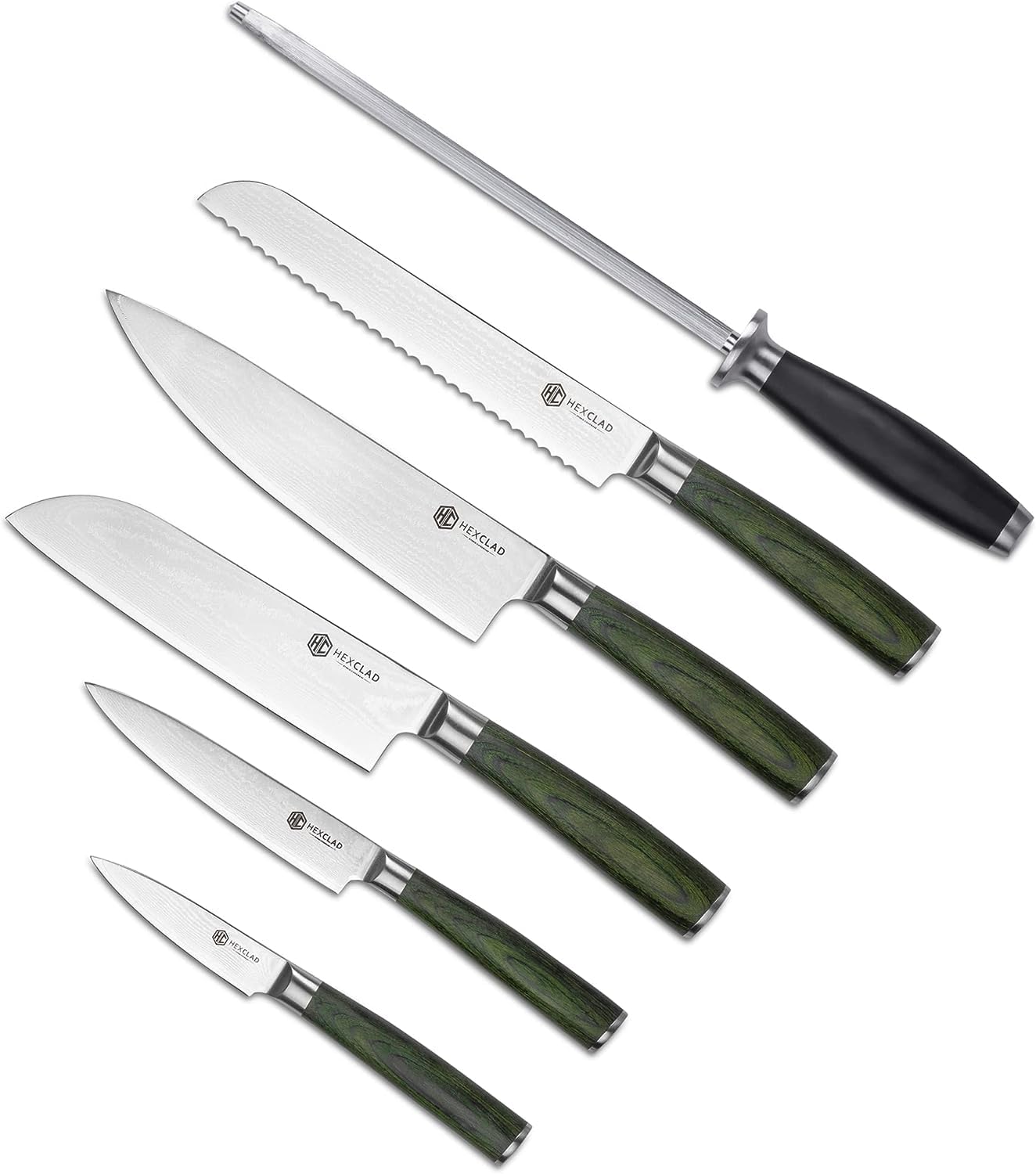 HexClad 7 Piece Knife Set - 6 Piece Damascus Essential Knife Set & Magnetic Knife Block, Comes with Chef's, Santoku, Bread, Utility and Pairing Knife and Walnut Knife Block