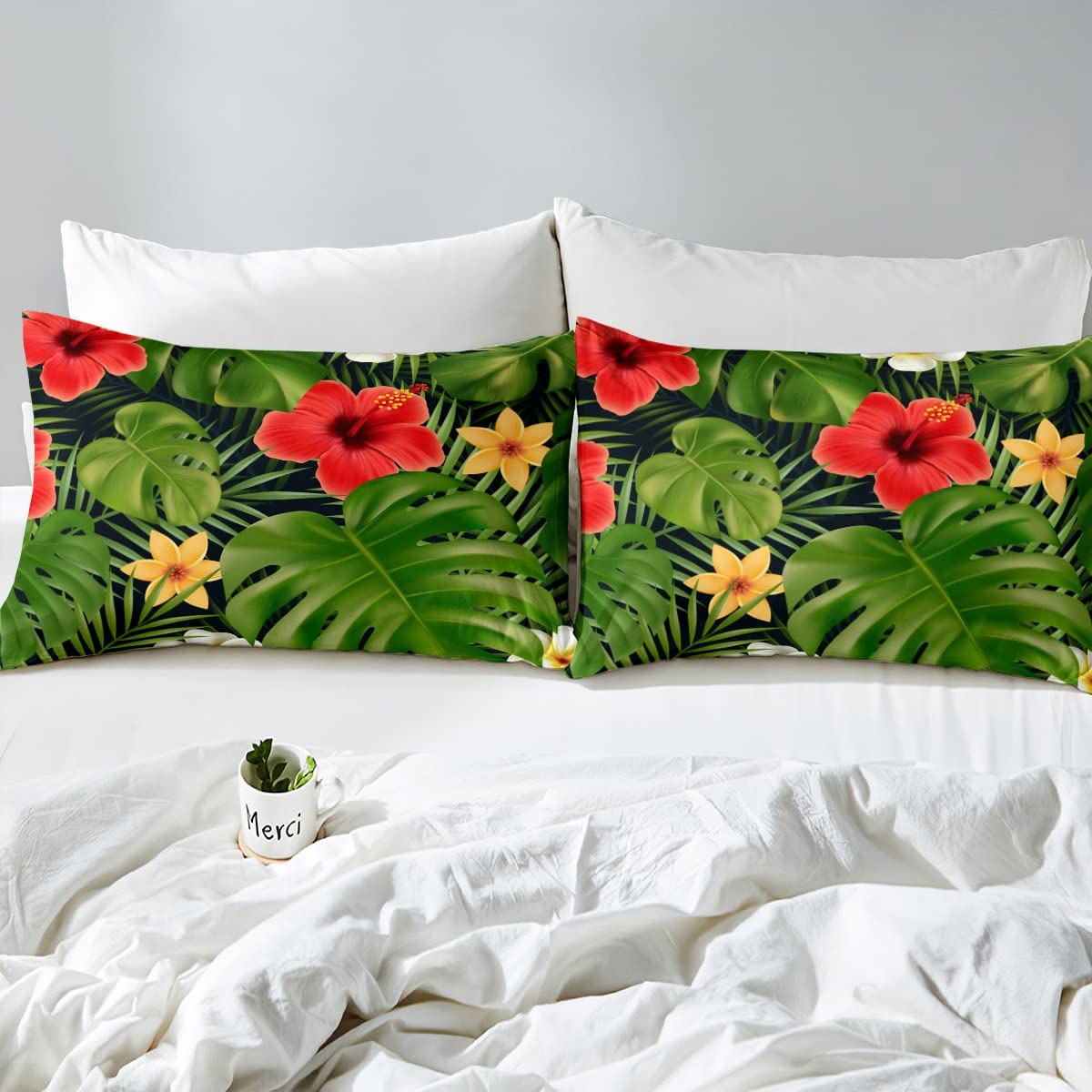 Tropical Palm Sheet Set for Kids Boys Girls,Green Red Yellow White Flower Leaf Bed Sheets Twin,Hawaii Vacation Bedding Set,Botanical Floral Fitted Sheet Deep Pocket + Flat Sheet + 1 Pillowcase