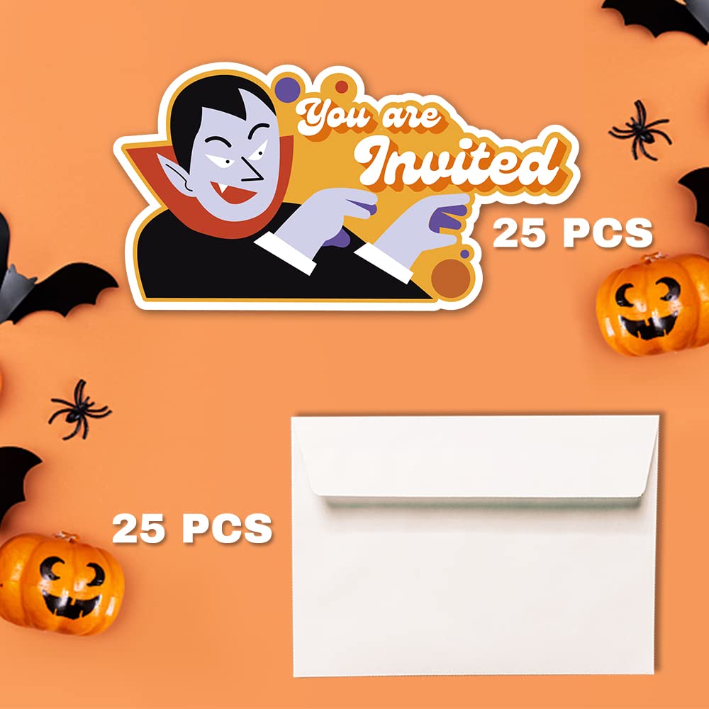 Deluxe Halloween or Costume Party Invitations, 25 Shape Fill-in Cards with Envelopes, Pumpkin, Ghost, Monster, Cute Trick or Treat, Box or Treat for Kids Birthday or Adult party - 4"X6" (JRM376)