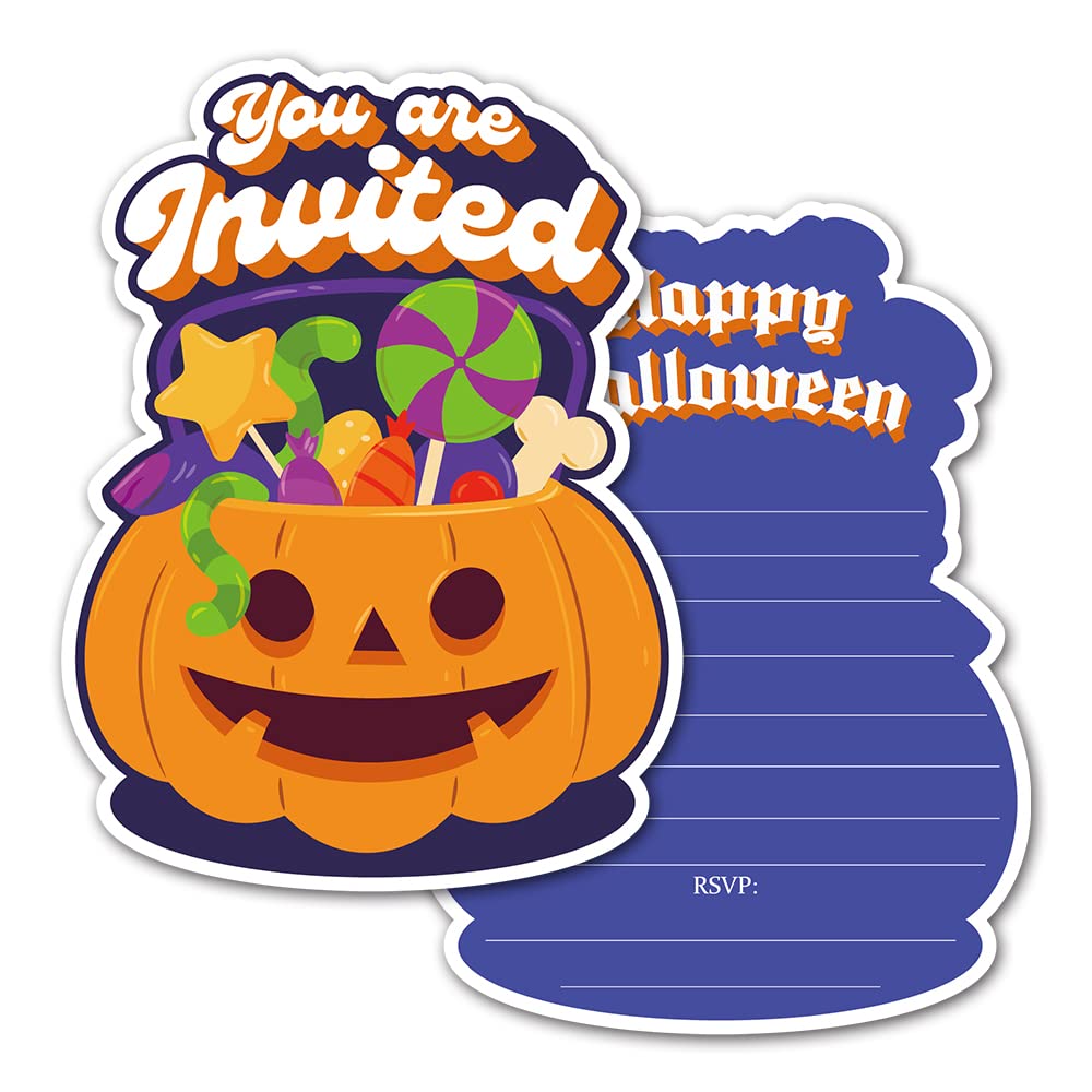 Deluxe Halloween or Costume Party Invitations, 25 Shape Fill-in Cards with Envelopes, Pumpkin, Ghost, Monster, Cute Trick or Treat, Box or Treat for Kids Birthday or Adult party - 4"X6" (JRM373)