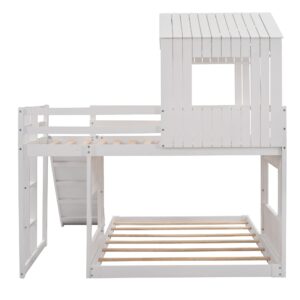 Harper & Bright Designs Twin Over Full House Bunk Bed with Slide and Roof, Wood House Bunk Bed with Ladder and Guardrails, Playhouse Bed for Kids Teens Girls Boys – White