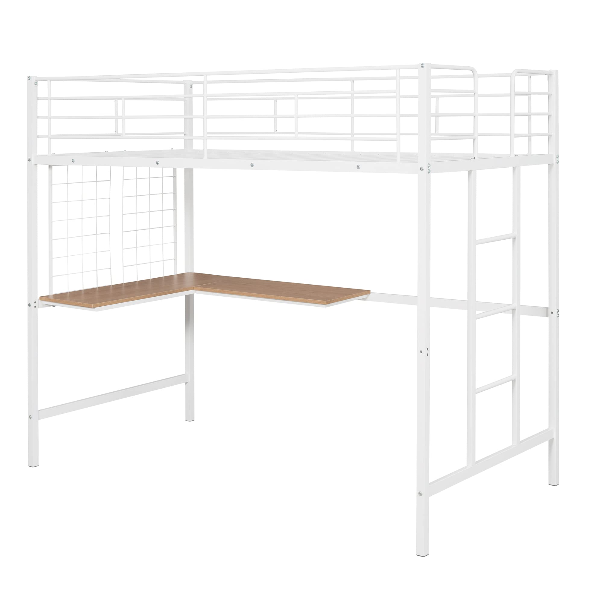 Harper & Bright Designs Twin Size Metal Loft Bed Frame, Loft Bed with L-Shape Desk and Metal Grid, Space Saving Loft Bed with Desk Underneath for Kids,Teens,White