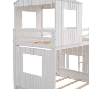 Harper & Bright Designs Twin Over Full House Bunk Bed with Slide and Roof, Wood House Bunk Bed with Ladder and Guardrails, Playhouse Bed for Kids Teens Girls Boys – White