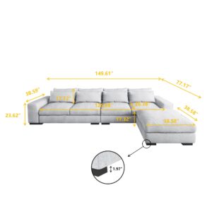 JACH 150in Couch, Feather Filled Wide Reversible Sofa Chaise, L Shaped Sofa Couch Set with Ottoman Modular Sectional Sofa for Living Room, Apartment, Home, Hotel (Light Grey)