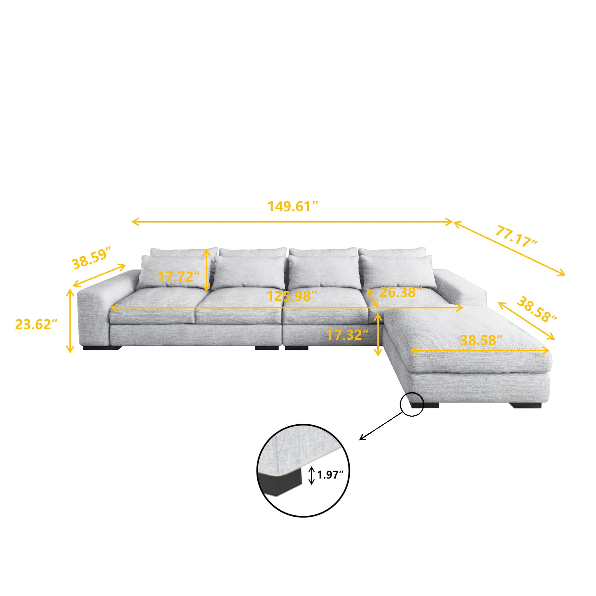 JACH 150in Couch, Feather Filled Wide Reversible Sofa Chaise, L Shaped Sofa Couch Set with Ottoman Modular Sectional Sofa for Living Room, Apartment, Home, Hotel (Light Grey)