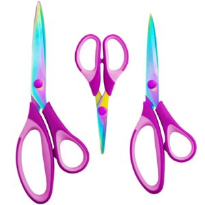 craft scissors bundle, sewing scissors with sharp stainless steel blades and soft handles, multipurpose fabric scissors set, great for craft, sewing, arts, school and home supplies 3 pack, purple