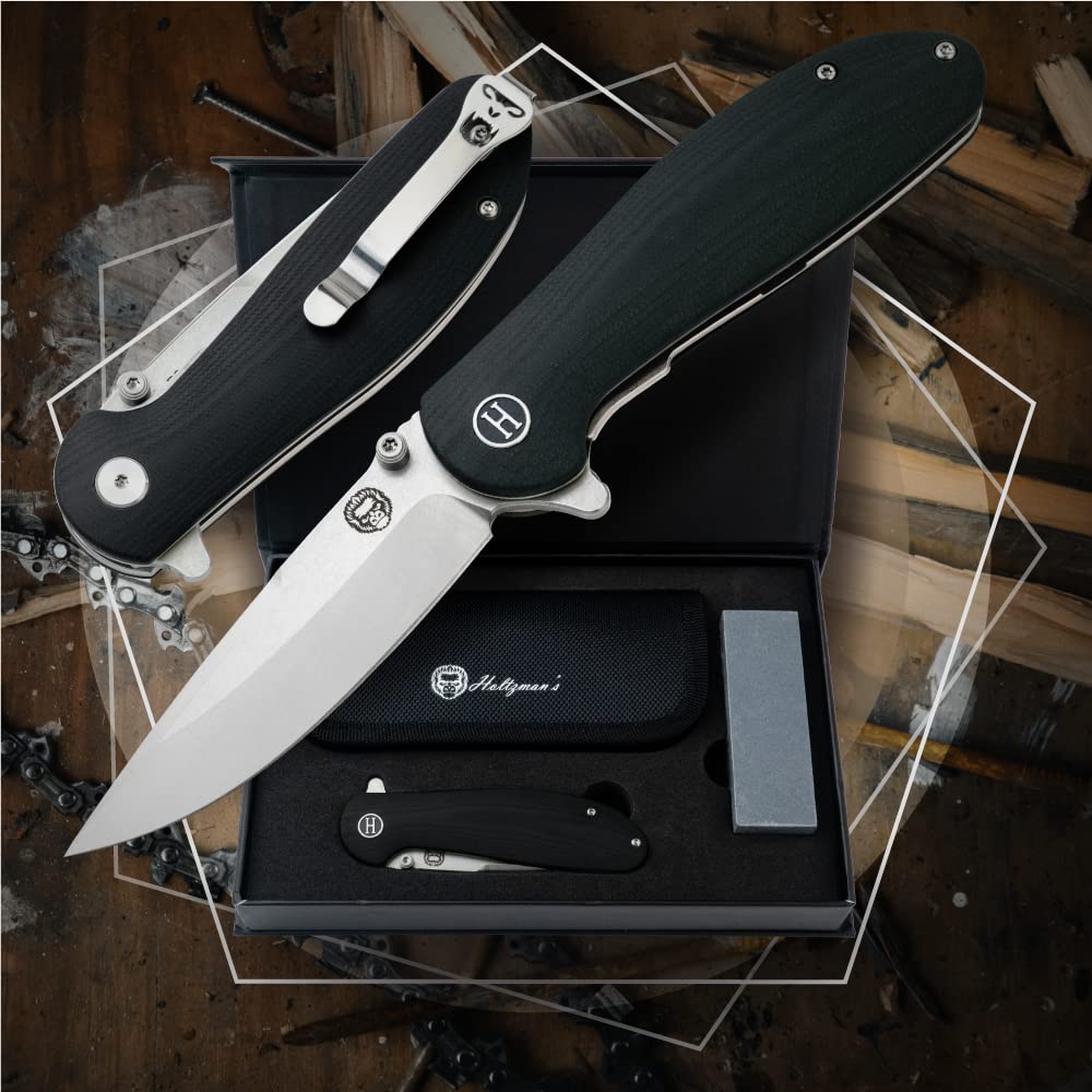 Holtzman's Gorilla Survival 'Straightback' Folding Knife featuring D2 Steel Blade and G10 Tactical Handle in Gift Box Set (Silver+Black)