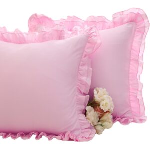 yokkita 2 pack pink ruffle euro pillow sham covers 26x26 inches, 100% cotton pillowcases princess vintage and shabby for girls bed gift for her