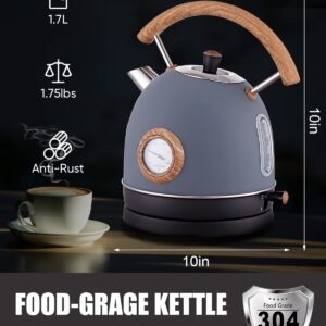 Retro Electric Kettle, 1.7L / 1500W Electric Tea Kettles for Boiling Water, Wood Pattern Handle Blue Stainless Steel Hot Water Boiler with Temperature Display, Auto Shut-off Boil-Dry Protection